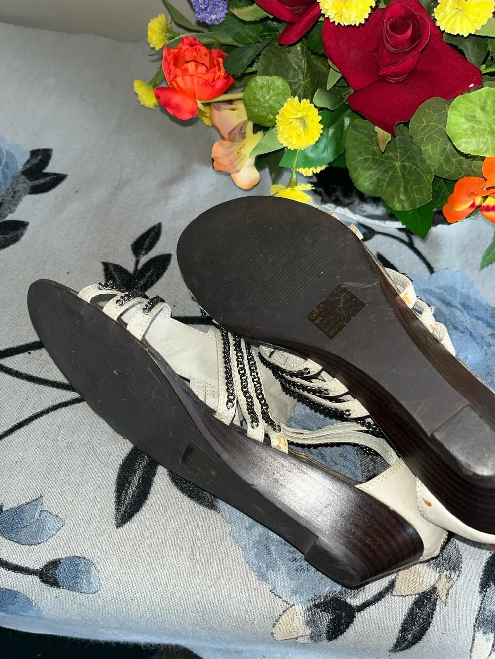 Steve Madden Cream & Silver Zipper Metal Strappy Ankle Wedge Sandals